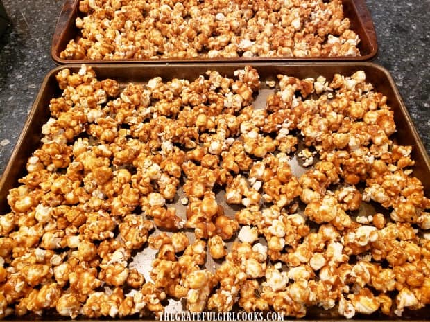 Crunchy caramel corn is baked until very crispy, turning at times during baking.