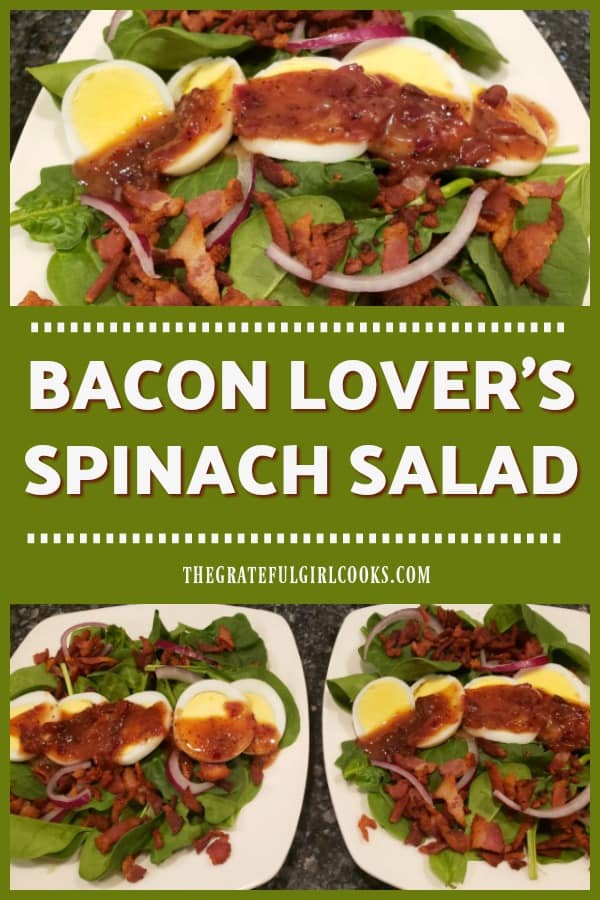 Enjoy Bacon Lover's Spinach Salad for two! Baby spinach leaves topped with hard-boiled eggs, red onion, crisp bacon, and warm bacon dressing!