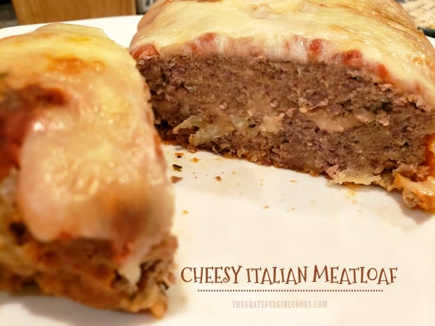 Cheesy Italian Meatloaf is easy to make, and with marinara sauce and mozzarella cheese in the middle and on top, it's a delicious meal!