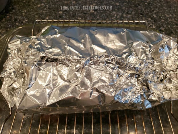 Wrapped tightly in foil, the corned beef is ready for baking.
