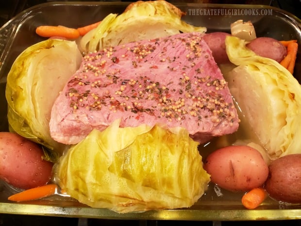 The corned beef and cabbage is fully baked and ready to serve.