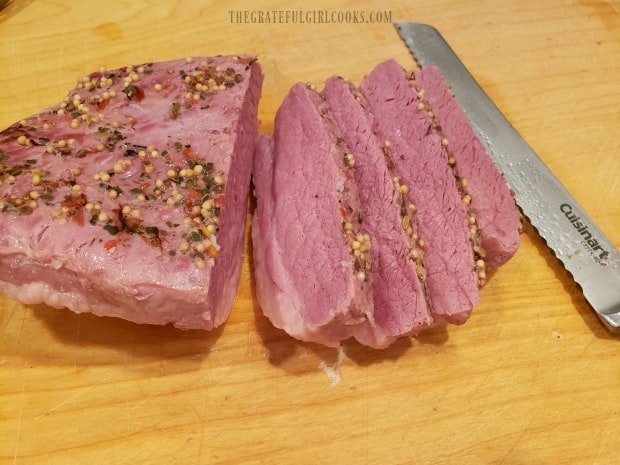 Slices of the corned beef are ready for serving.