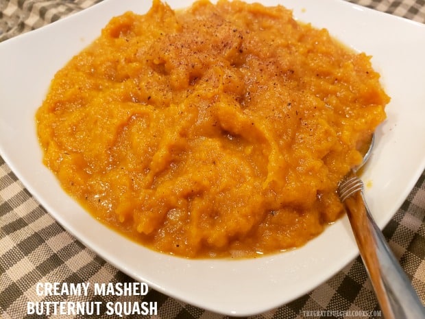 Enjoy delicious, creamy mashed butternut squash, made with only a few ingredients. This tasty veggie dish is EASY to make - you'll love it!