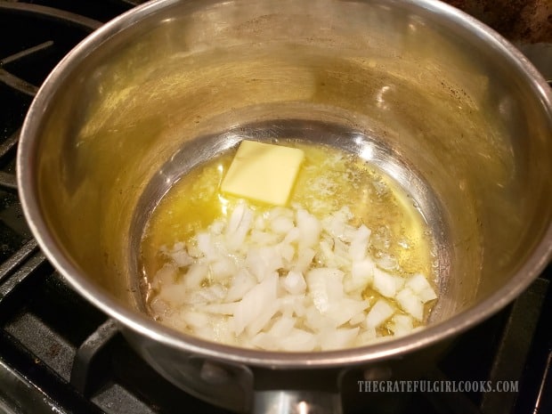 Chopped onion is cooked in melted butter to start the bbq sauce.