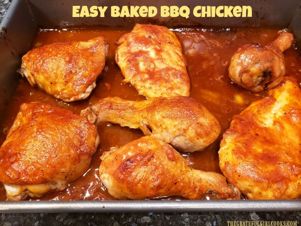 Easy Baked BBQ Chicken is just that... EASY! The homemade BBQ sauce is simple to make, and compliments the browned, baked chicken perfectly!