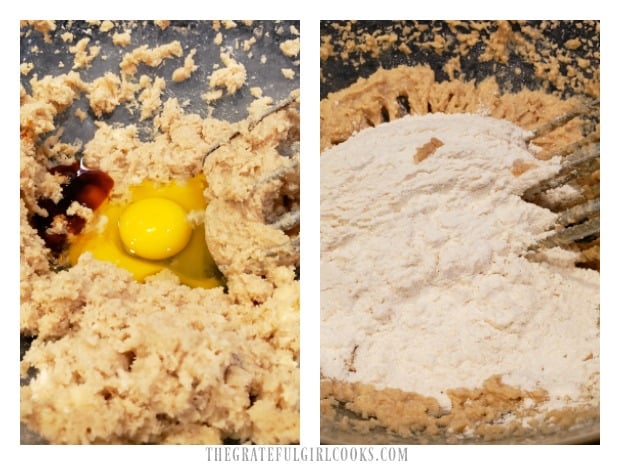 Eggs and vanilla are mixed into the cookie batter, then dry ingredients are added.