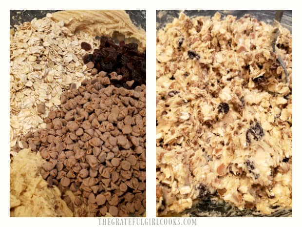 Cinnamon chips, raisins, and oats are stirred into the cookie batter.