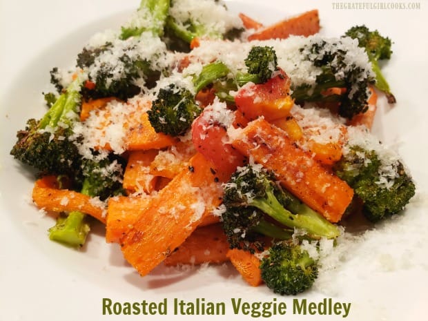 Roasted Italian Veggie Medley is yummy broccoli, carrots, and red peppers covered with Italian spices, baked, and topped with Parmesan cheese.