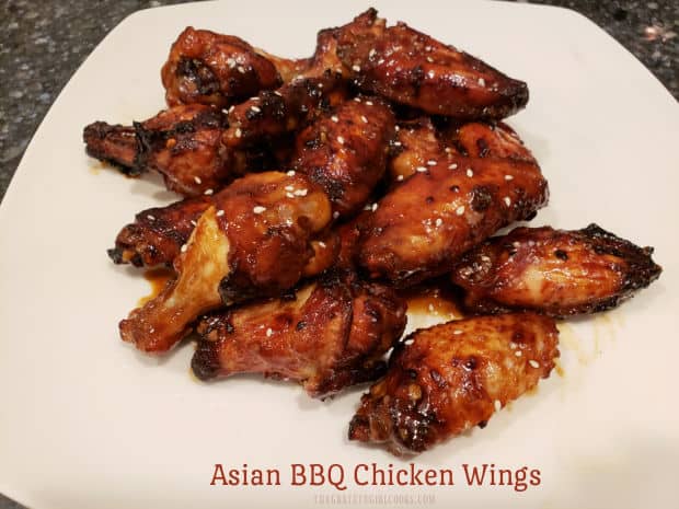 Asian BBQ Chicken Wings are marinated in soy sauce, lime juice, garlic, brown sugar, curry powder, then cooked until crispy in an air fryer!