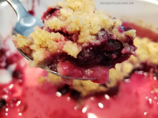 A spoonful of the blueberry cranberry crisp, ready to eat!