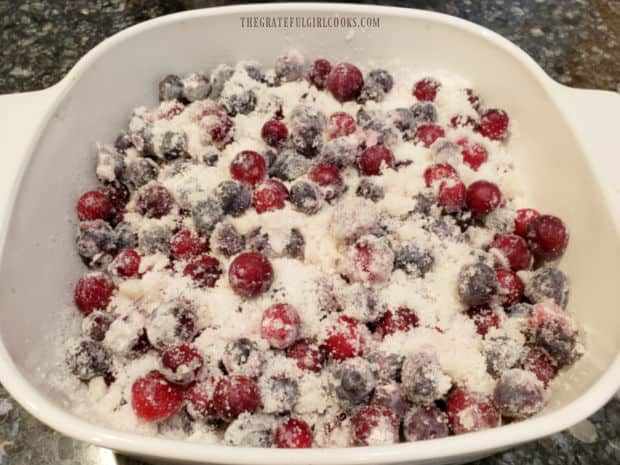 Blueberry Cranberry Crisp mixture in greased baking dish before baking