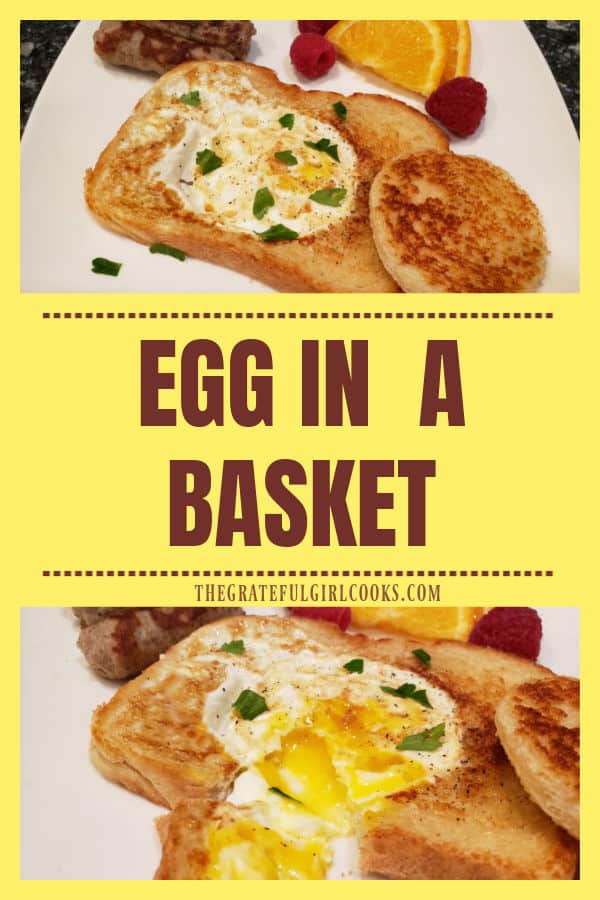 Learn how to make an Egg In A Basket! Toasted, buttery sourdough bread cradles a fried egg in the middle, in this easy to make breakfast!