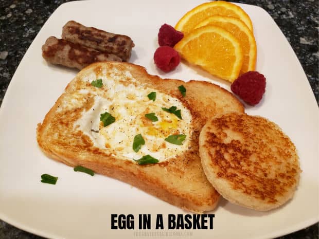 Learn how to make an Egg In A Basket! Toasted, buttery sourdough bread cradles a fried egg in the middle, in this easy to make breakfast!