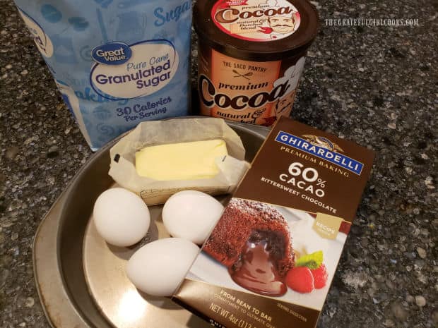 The cake ingredients are sugar, cocoa, butter, eggs, and bittersweet chocolate.