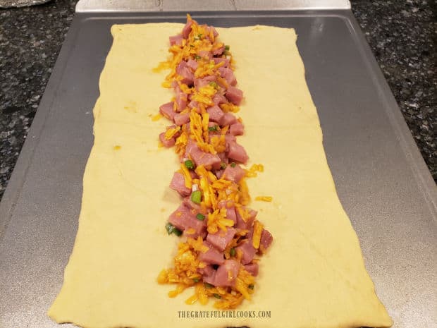Ham and cheese filling is placed down the center of crescent roll dough.