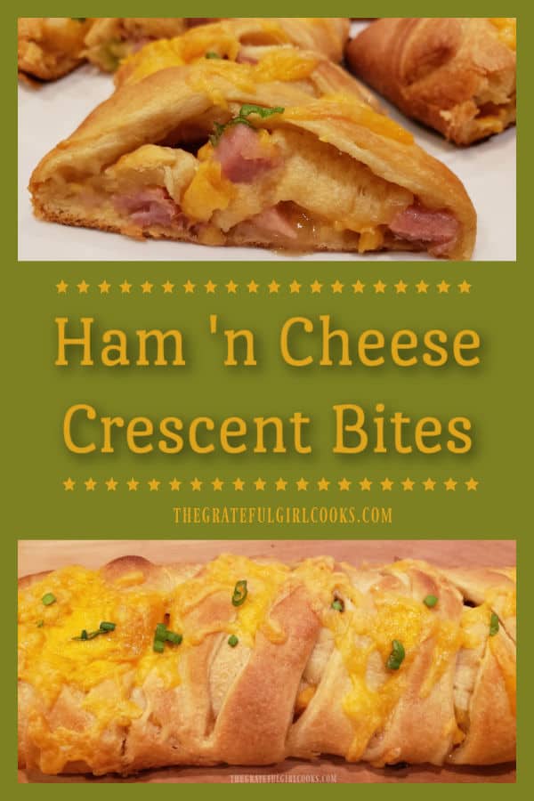 Ham 'n Cheese Crescent Bites are yummy, & easy to make with only 4 ingredients! A crescent roll braid filled w/ ham, cheese, & honey mustard.