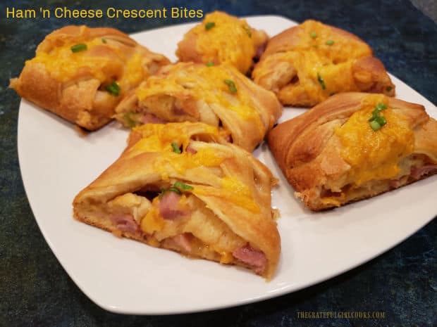 Ham 'n Cheese Crescent Bites are yummy, & easy to make with only 4 ingredients! A crescent roll braid filled w/ ham, cheese, & honey mustard.