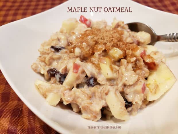 Maple Nut Oatmeal, with apples, raisins, pecans (or walnuts) and maple syrup is an easy, filling, delicious breakfast everyone will enjoy!