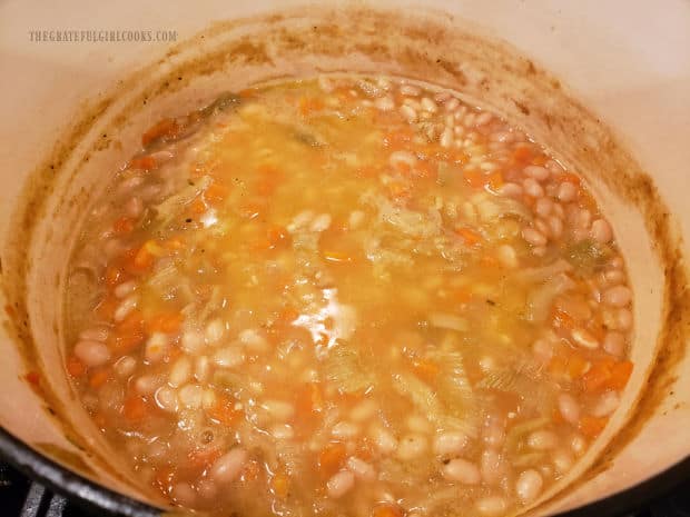 Beans have softened and liquid has reduced in the navy bean soup.