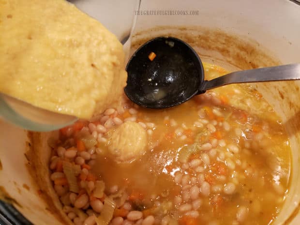 Some beans are pureed, then added back into the navy bean soup.
