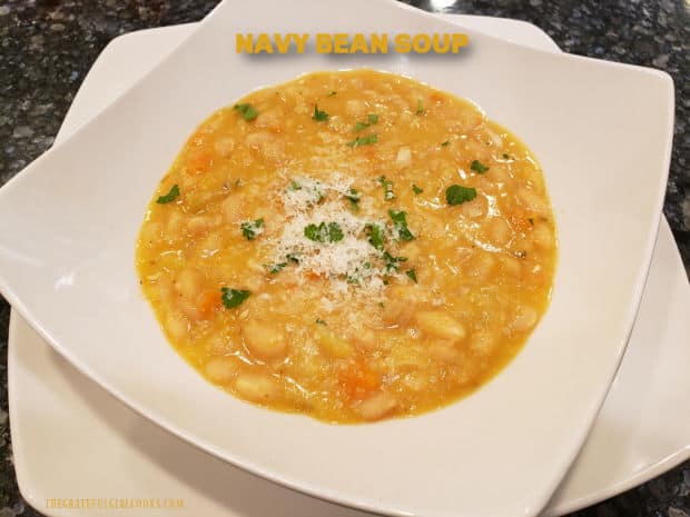 Navy Bean Soup is delicious and filling! Slowly cooked dried navy beans, carrots, garlic, celery, onion, broth & spices create a robust soup.