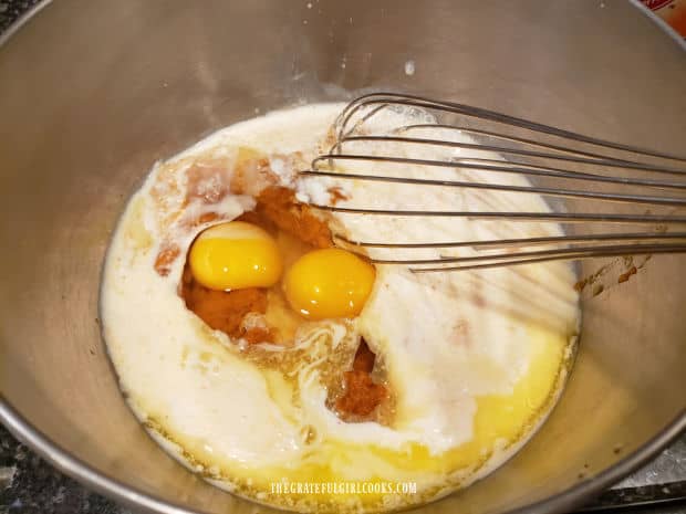 Pumpkin puree, eggs, buttermilk and butter are whisked together for the batter.