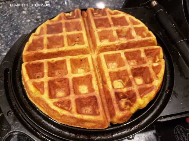 Once done, pumpkin spice waffles are golden brown and crispy on the outside.