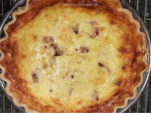 Top of the quiche is golden brown after baking.
