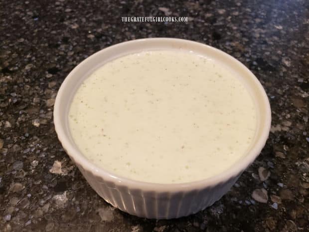 After blending ingredients, the tzatziki sauce (for dipping) is smooth and creamy.
