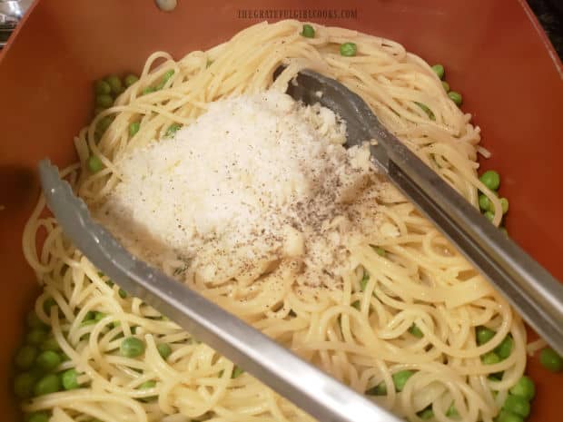 Parmesan cheese, salt & pepper added to drained pasta and peas.