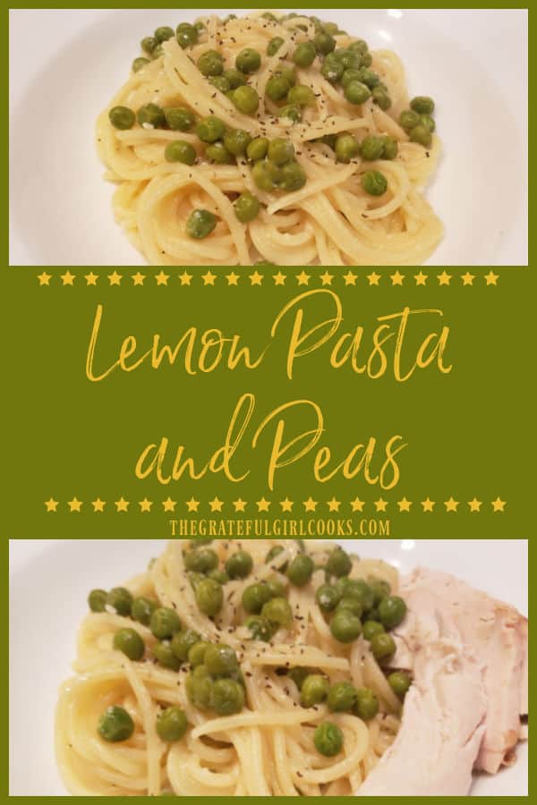 Lemon Pasta and Peas is an easy, delicious, meatless dish. Pasta and peas, with lemon juice, olive oil, garlic and Parmesan will be a big hit!