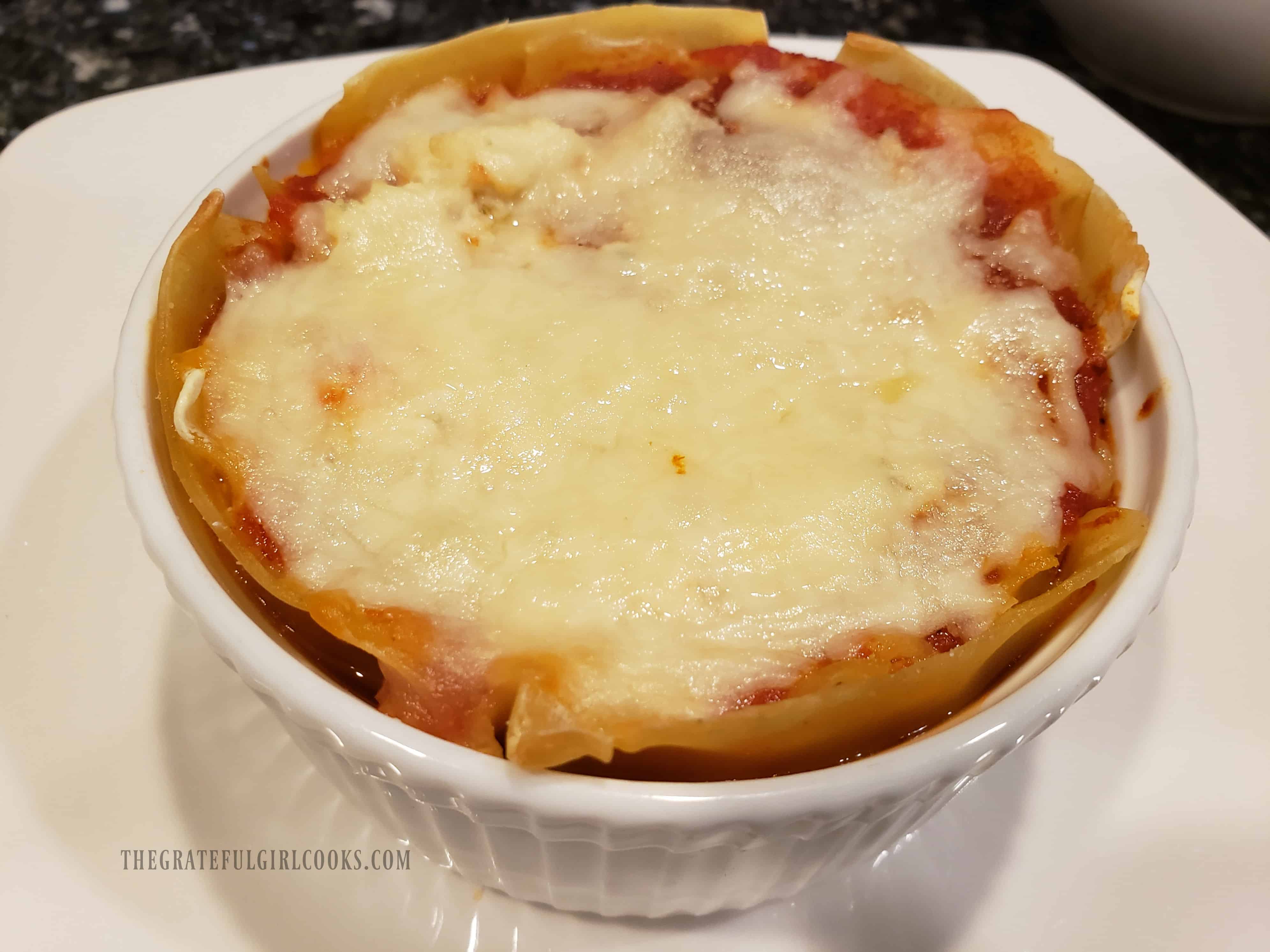 One of the mini lasagna bowls, after baking, and ready to enjoy!