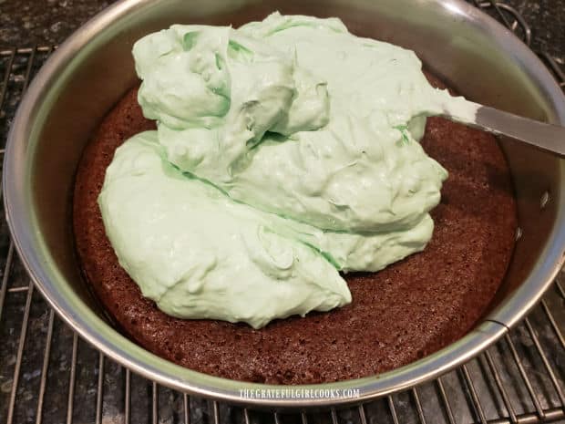 The mint cream cheese filling is spread on the surface of the mint brownie pie.