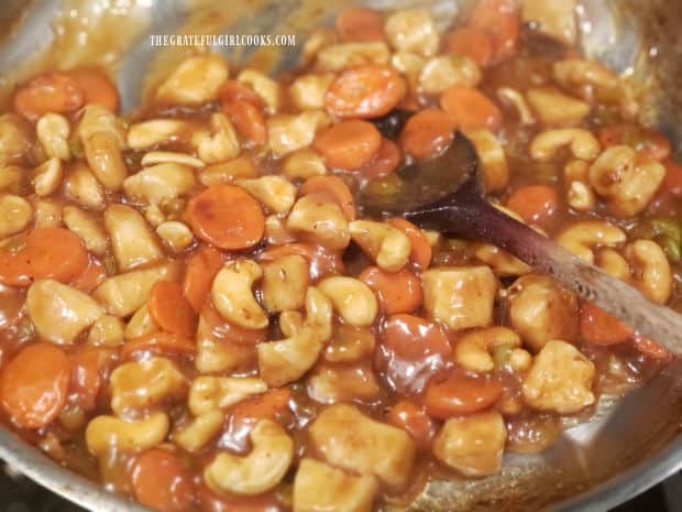 Once heated through, the orange cashew chicken is ready for serving.