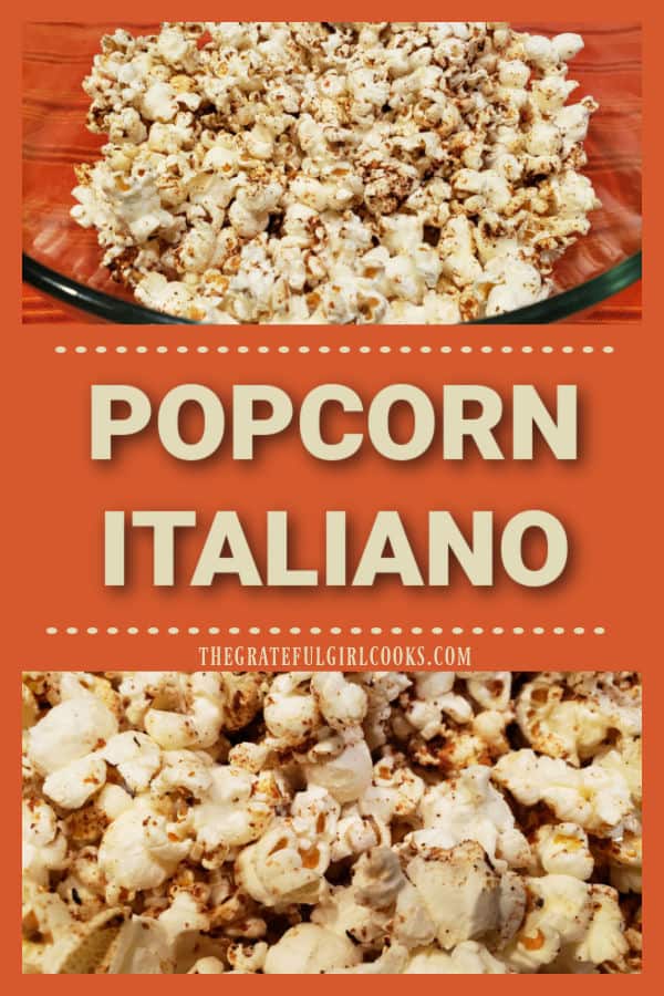 Popcorn Italiano is an easy Italian-inspired snack. Popped corn is seasoned with butter, Parmesan cheese and Italian seasonings, then baked.