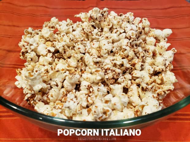 Popcorn Italiano is an easy Italian-inspired snack. Popped corn is seasoned with butter, Parmesan cheese and Italian seasonings, then baked.