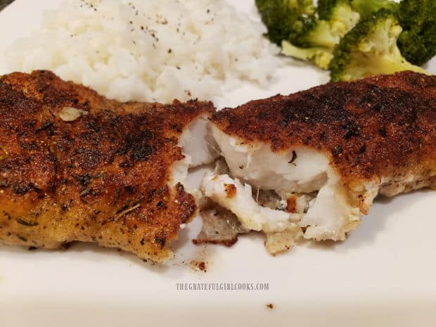 When done cooking, the crusty, browned rockfish should flake easily.