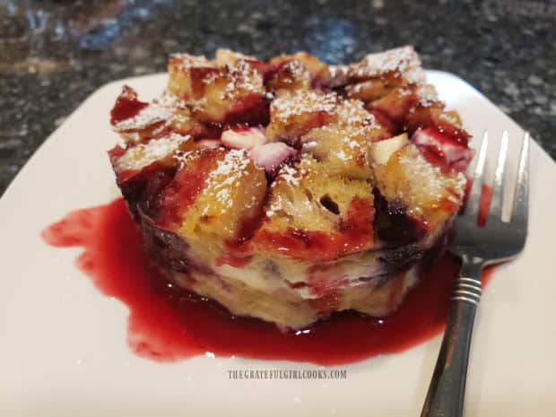 Blackberry pancake syrup, served with a baked French Toast cup.