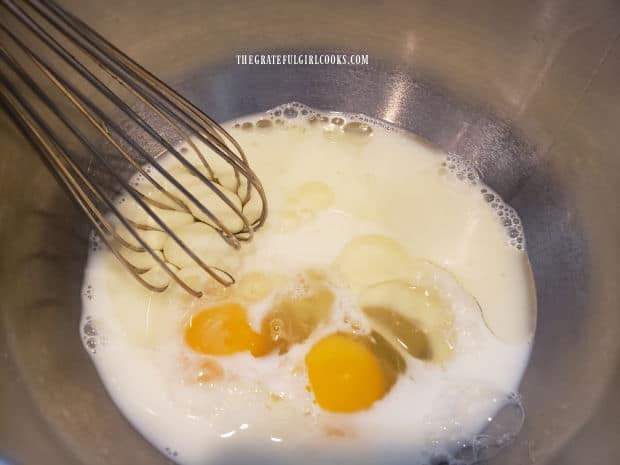 Eggs, milk and vegetable oil are whisked together before adding to batter.