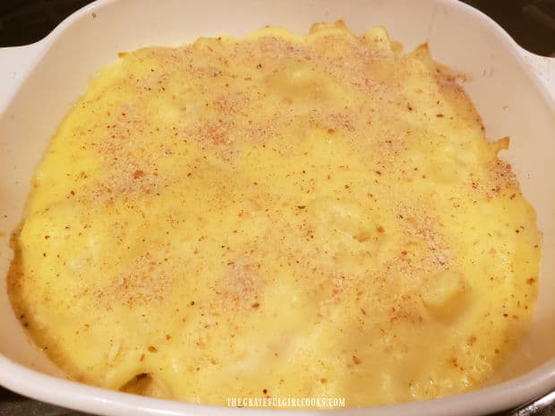 Once done baking and bubbling hot, the cauliflower au gratin is ready to serve.