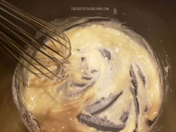 Butter and flour are combined and cooked in pan until bubbly.