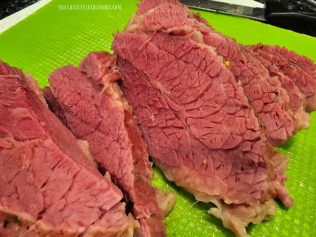 Corned Beef and Cabbage - The Grateful Girl Cooks! Slices of corned beef, ready to be enjoyed.