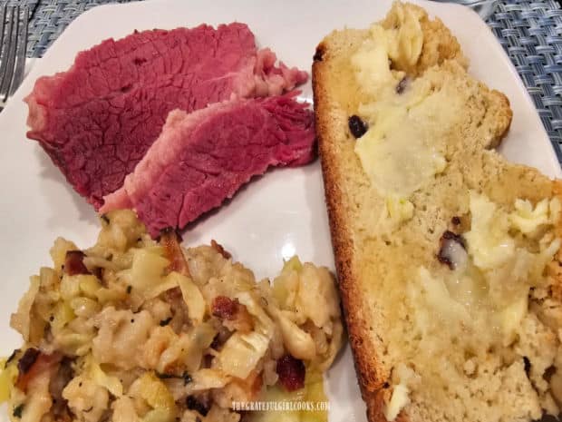 Corned Beef and Cabbage - The Grateful Girl Cooks! Corned beef, served with Irish Colcannon and Irish soda bread on the side.