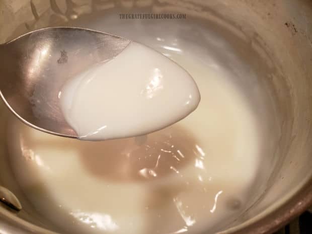 Milk, cornstarch and salt (for the cake frosting) cook until thickened.