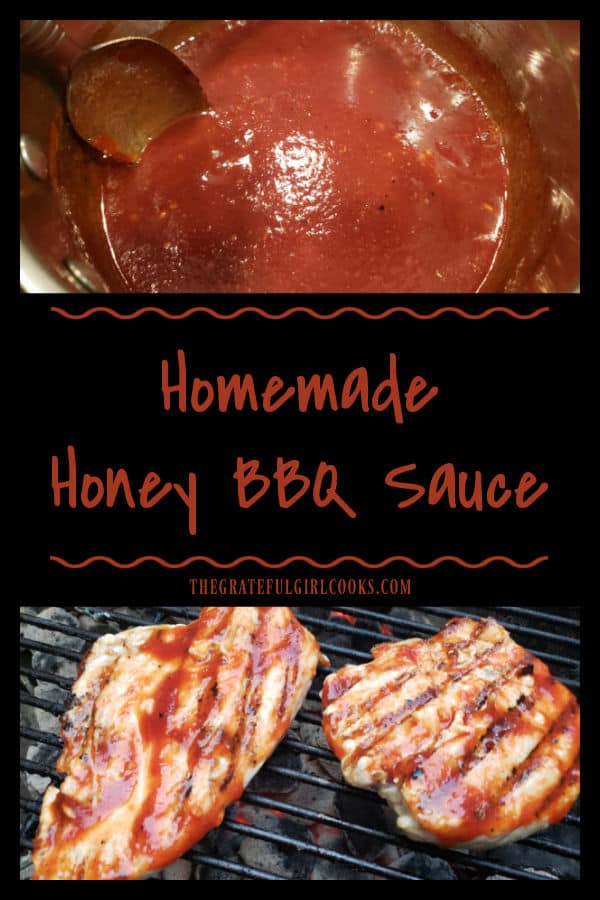 Make Homemade Honey BBQ Sauce in under 10 minutes with common ingredients! Sweet, tangy and a perfect basting sauce for chicken, beef or pork!