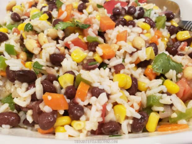 A close up look at the Southwestern Rice Salad, full of veggies.