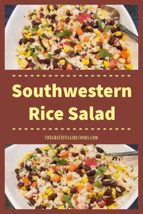 Southwestern Rice Salad is a yummy side or meatless main dish. Rice, black beans, corn, and peppers are mixed in a lightly seasoned dressing.