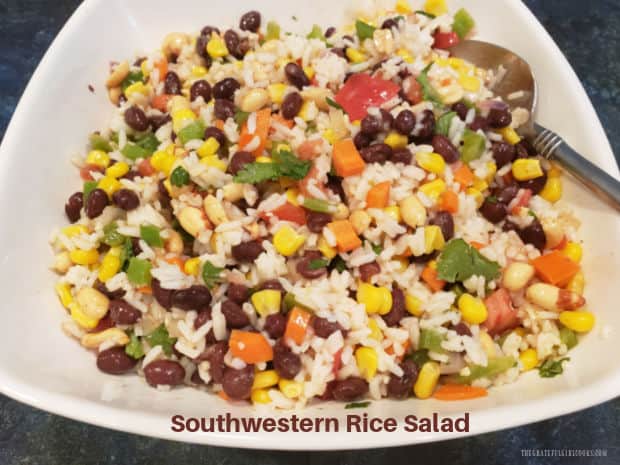 Southwestern Rice Salad is a yummy side or meatless main dish. Rice, black beans, corn, and peppers are mixed in a lightly seasoned dressing.