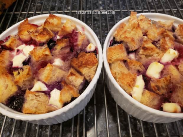 Triple berry French toast cups are baked until golden brown and the egg filling has "set".