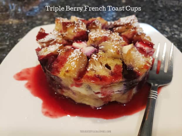 Triple Berry French Toast Cups (for 2) are filled with yummy raspberries, blueberries, blackberries, cream cheese and maple syrup, then baked.